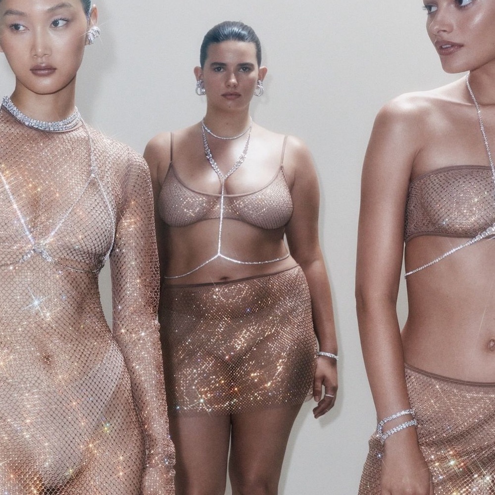 SKIMS x Swarovski Scoop Bralette and Mini Skirt Set. Size XS in Golden